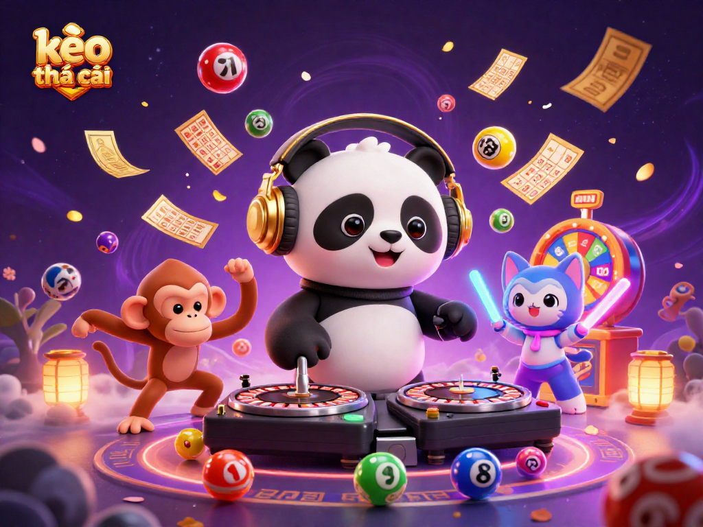 Engage with kèo nhà cái in this vibrant, animated casino scene featuring a DJ panda and dancing characters.