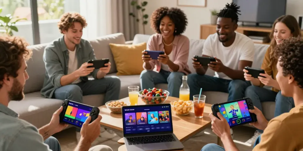 Adults playing yono games on smartphones in a cozy living room.