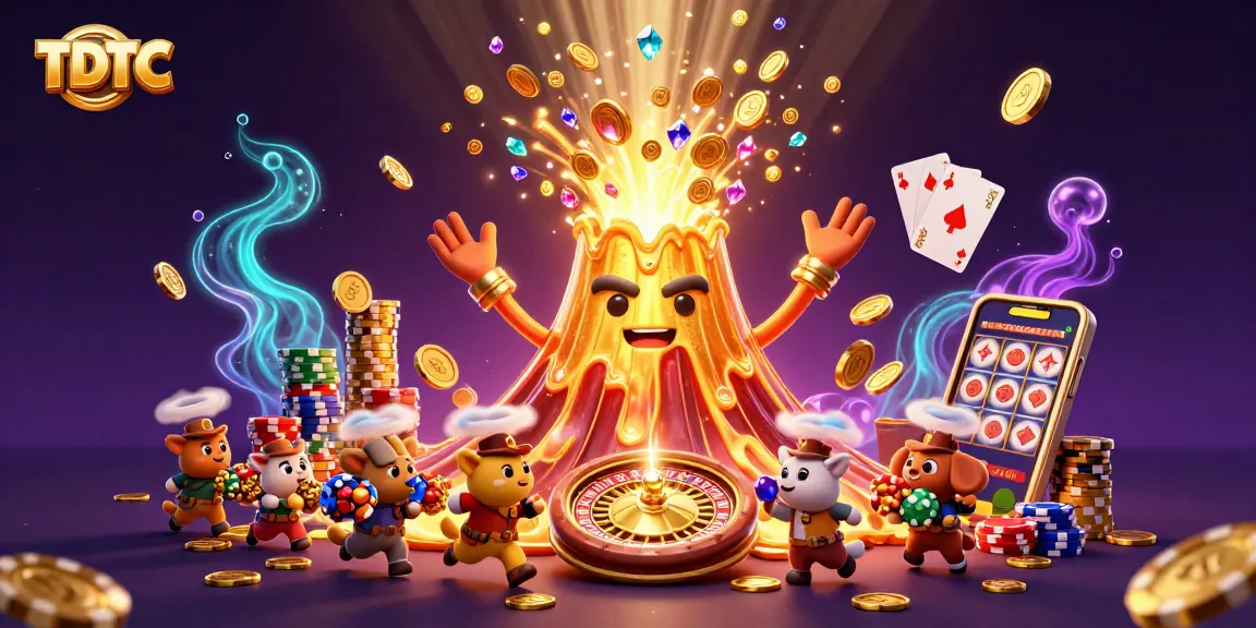 Experience the excitement of TDTC with a vibrant casino scene featuring a golden volcano and treasure.