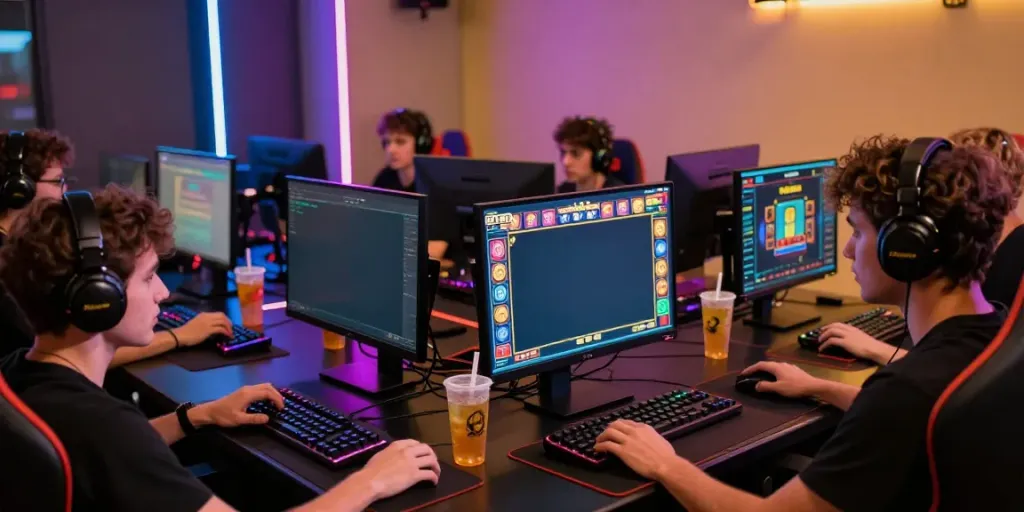 Excited players engaged in online slot games, showcasing vibrant graphics and gaming setup.