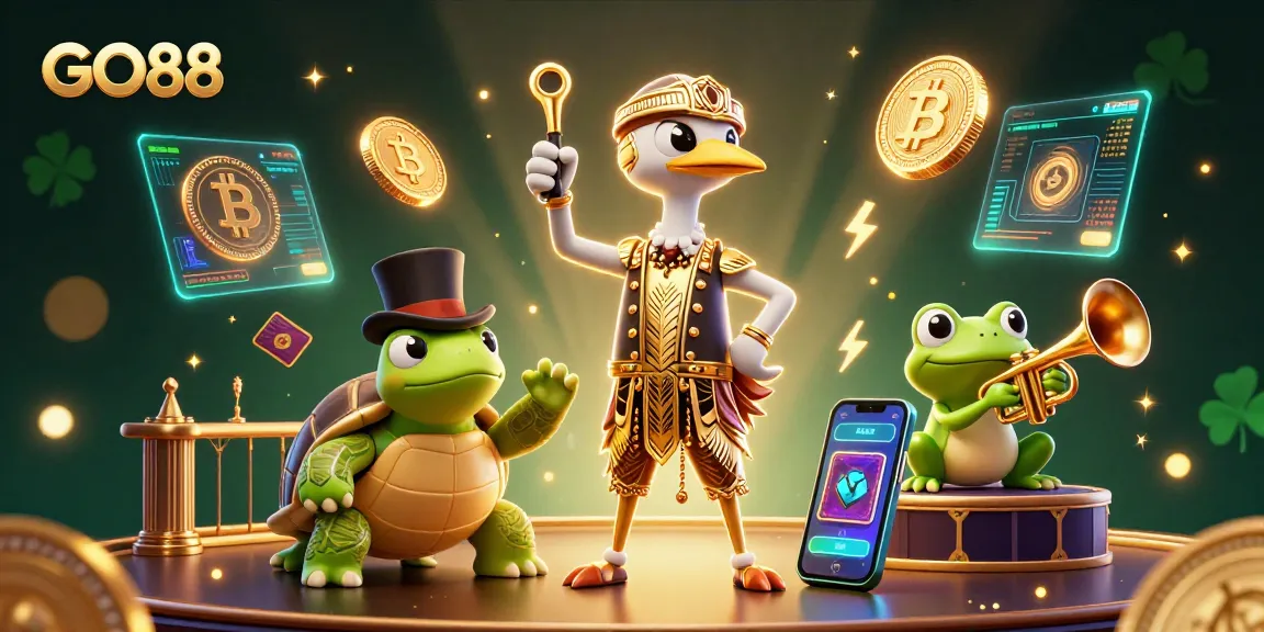 Experience GO88's vibrant gaming scene with a cartoon crane, turtle, and frog amid glowing crypto elements.