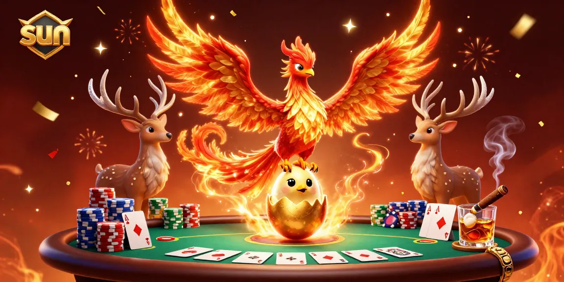 Bet on the sun as a phoenix rises above poker chips in an exciting casino scene.