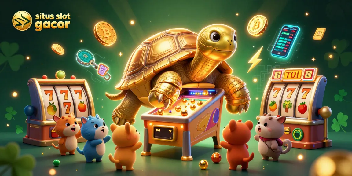 Experience the thrill of situs slot gacor with vibrant slot reels, a playful tortoise, and exciting characters.