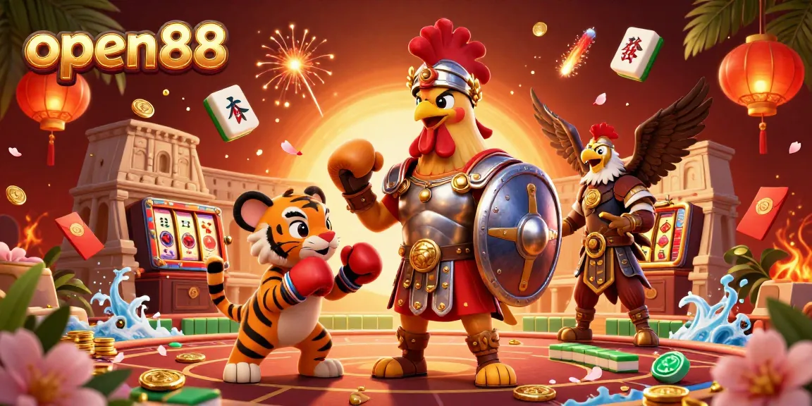 Spin and win at open88 with the dynamic gambling elements and energetic rooster gladiator in the arena.