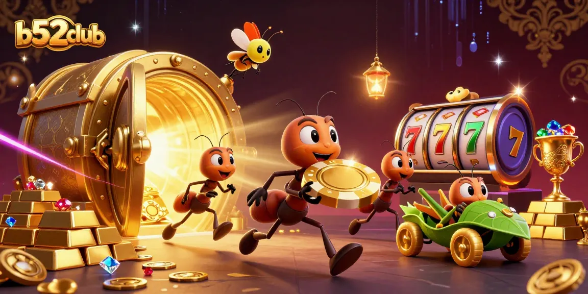 Vibrant 3D scene of b52club ants heisting oversized poker chip amidst casino treasures.
