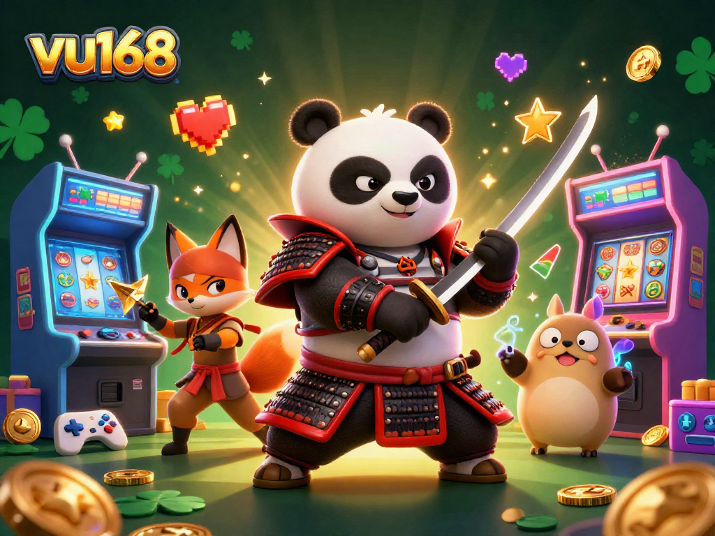 Join the exciting experience at vu168, where a samurai panda and ninja fox engage in thrilling casino adventures.