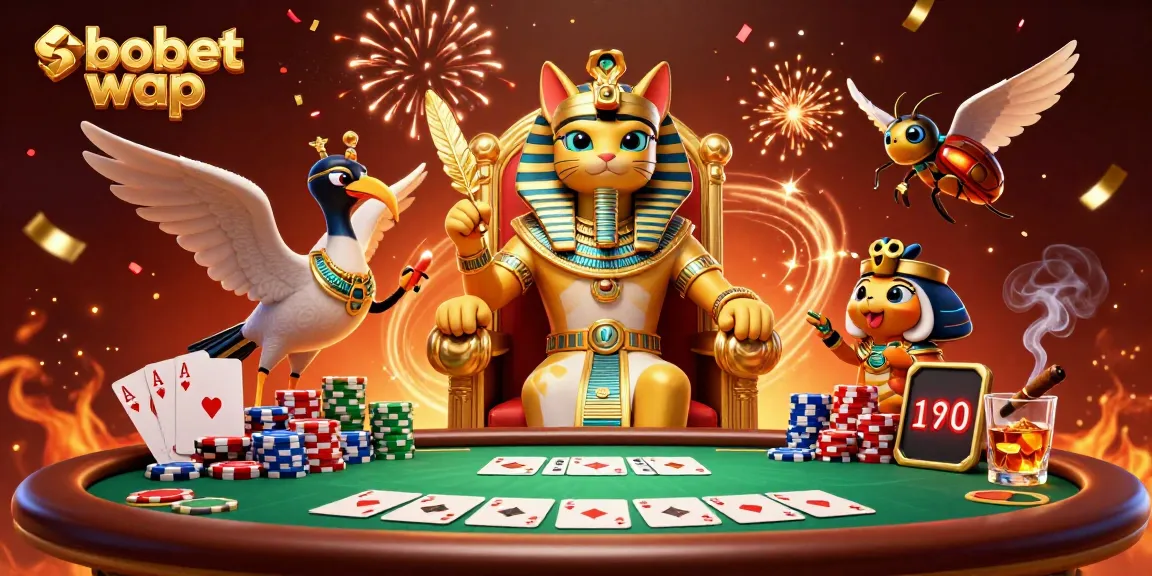 Engage with sbobet wap through an exciting illustration of a pharaoh cat in a vibrant casino scene.