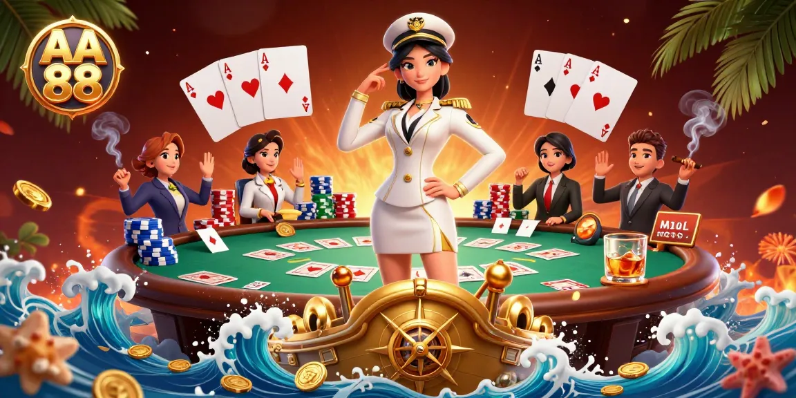 Experience the excitement of AA 88 in this 3D illustration of an Asian casino scene with poker elements.