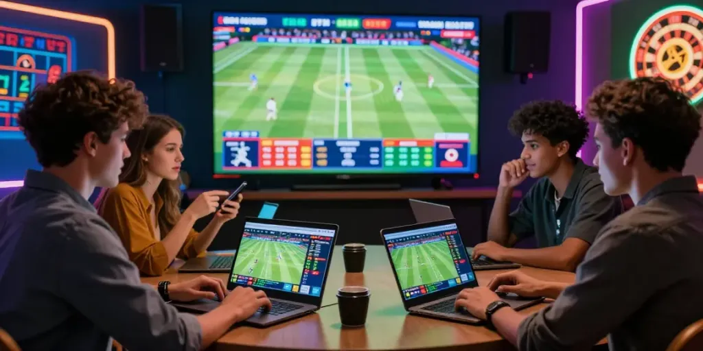 Lotus365 online betting scene with diverse players enjoying cricket, football, and casino games on digital devices.