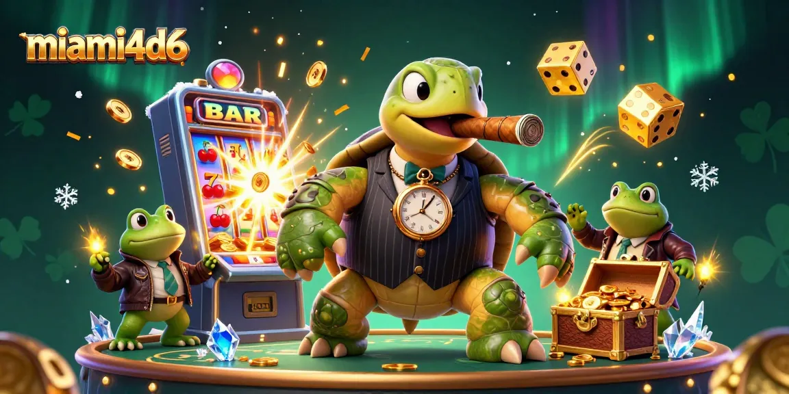 Experience the excitement of miami4d6 with this lively casino scene, featuring a snapping turtle mobster and game elements.