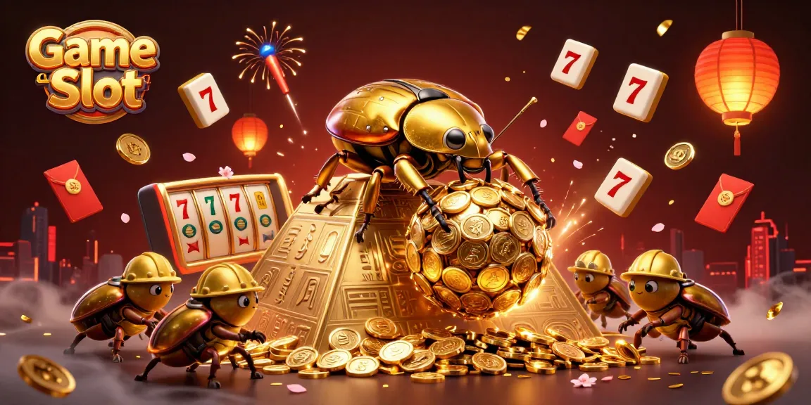 Spin to win with Game Slot: A vibrant scene featuring golden beetles and slot reels.