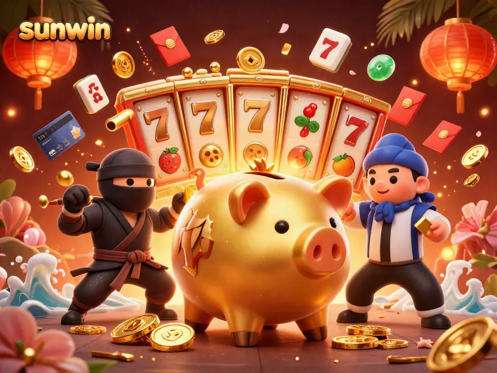 Join the thrilling world of sunwin with a sumo wrestler and ninja amid a vibrant casino atmosphere.