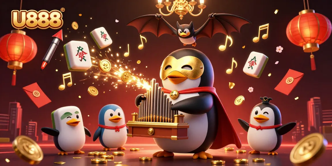 Experience the excitement of U888 as the phantom penguin orchestrates winning moments in this vibrant casino scene.