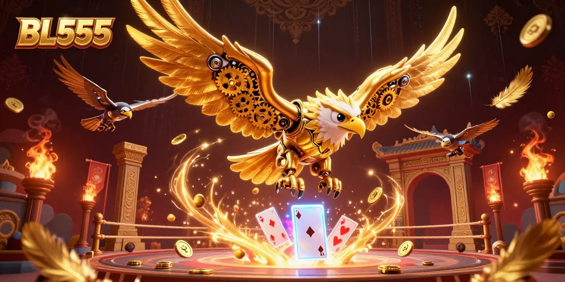 Catch the excitement at BL555: a 3D golden eagle diving through holographic casino elements