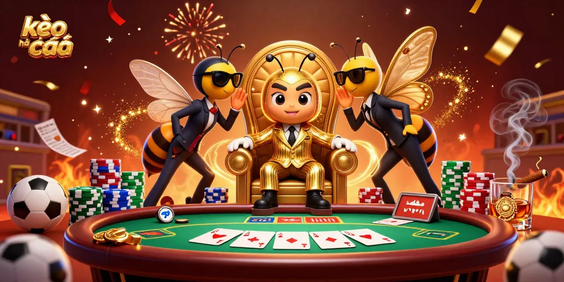 Place your bets with kèo nhà cái in a vibrant sports-themed illustration, showcasing a cartoon mob boss and rich casino elements.