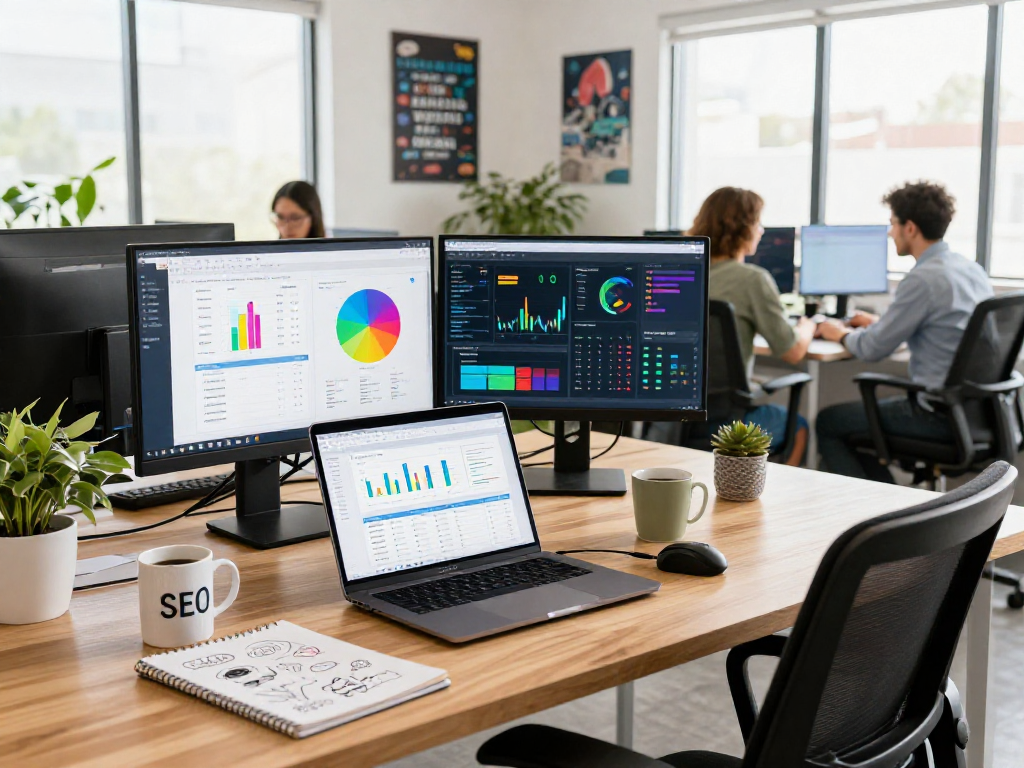seanbowieforaz content strategist analyzing SEO metrics in a vibrant workspace