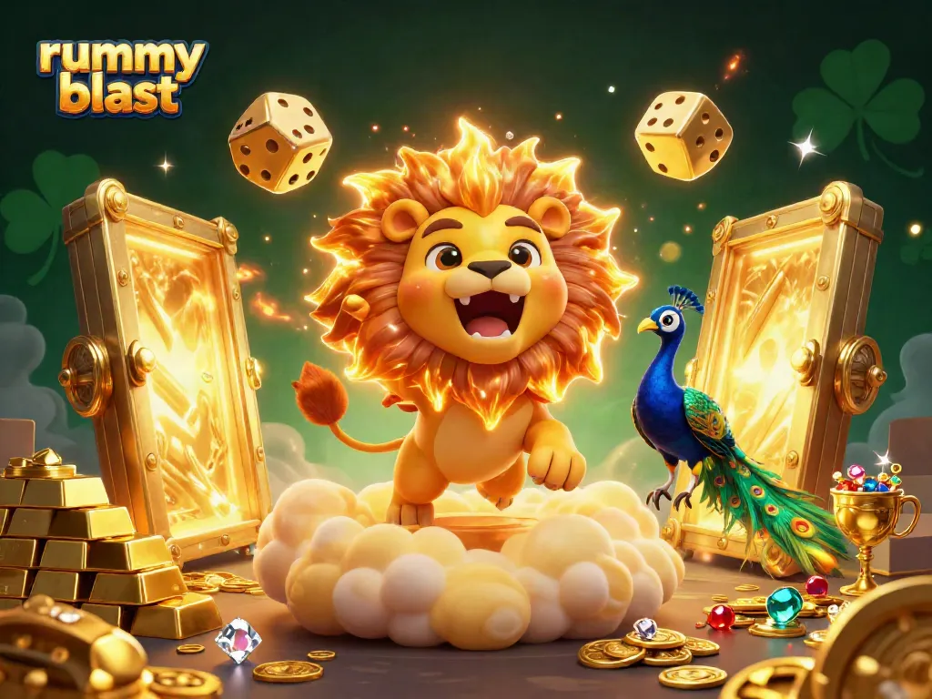 Join the rummy blast experience with vibrant characters and gold treasure elements.