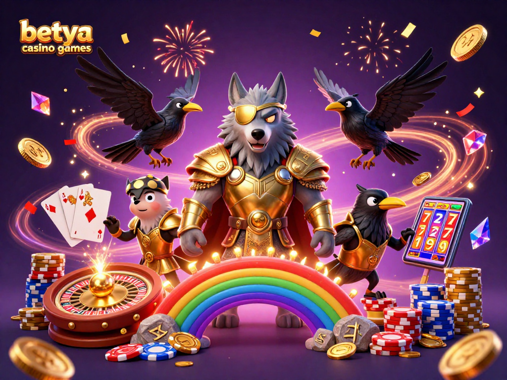 Experience the excitement of betya casino games with Odin and his ravens amidst dazzling casino elements.