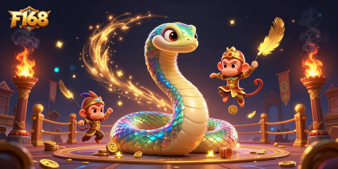 Experience the thrill of F168 with vibrant casino imagery featuring a rainbow serpent and golden monkey king.