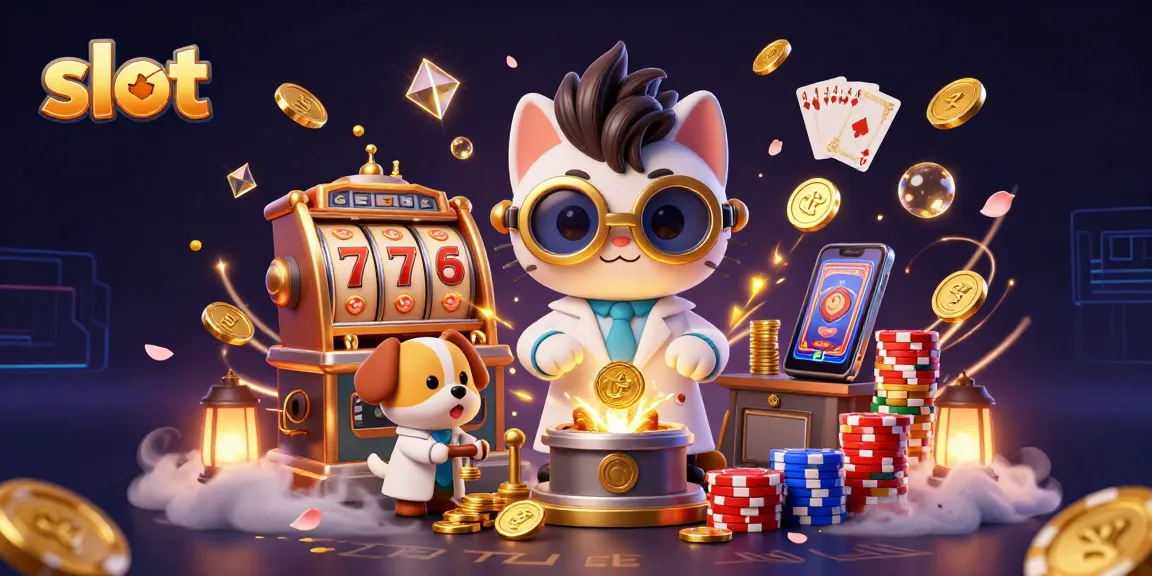 Spin exciting slot reels with a mad scientist cat in a vibrant casino scene filled with golden coins.