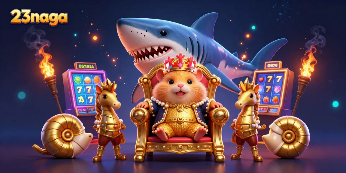 Experience thrilling wins at 23naga with vibrant slot games featuring golden hamster king and seahorse guards.