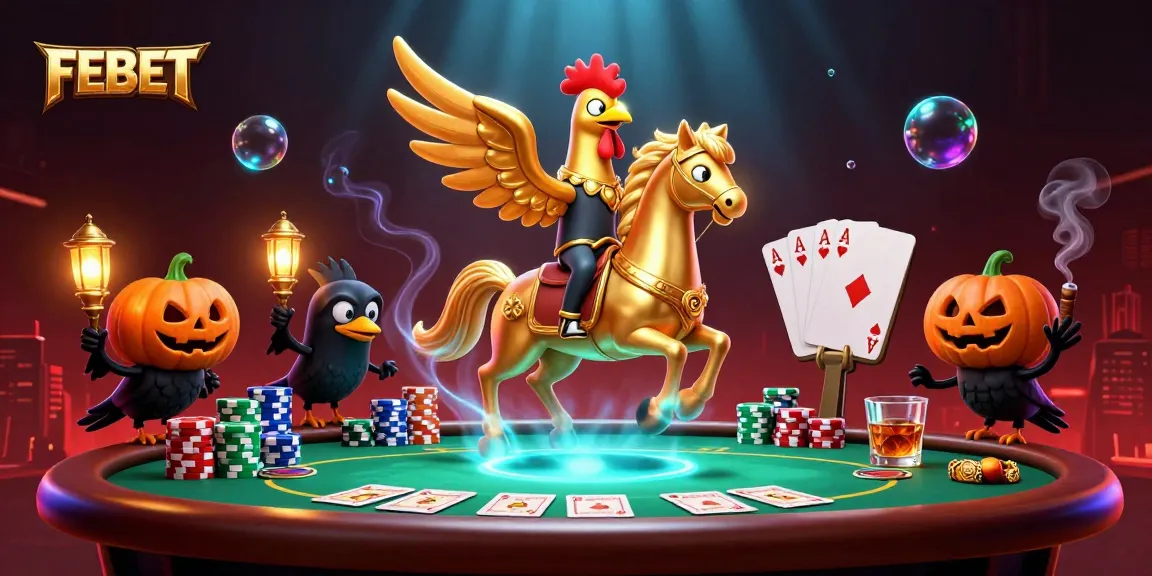 Experience the excitement of FEBET in a vibrant casino scene with a golden rooster and poker elements.