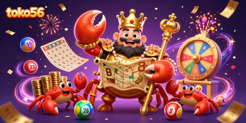 Permainan jackpot ramai dengan toko56, kepiting emas, dan bolos berwarna-warni memamerkan keberuntungan.