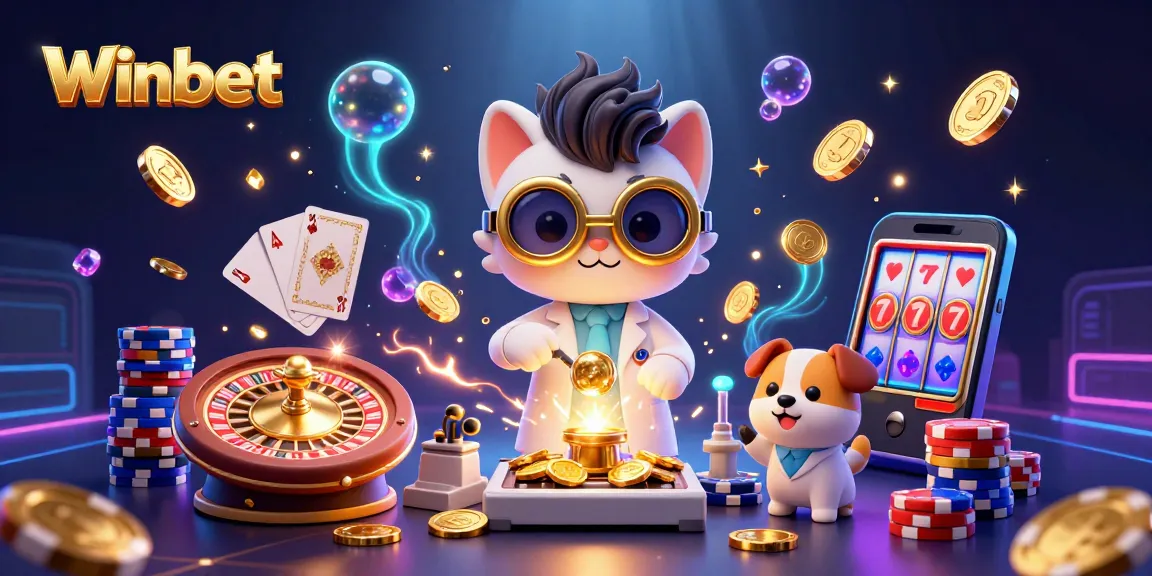 Winbet's 3D illustration captures a mad scientist cat and assistant amidst cascading gold coins and vibrant game elements.