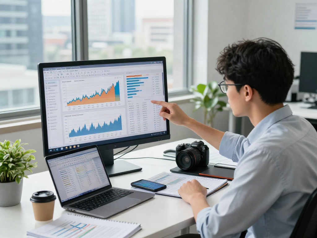 Financial analyst reviewing depo 10k market performance in a modern office