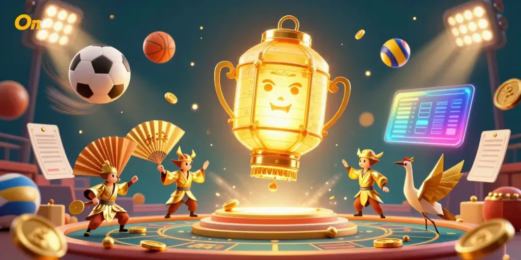 Experience the thrill of Onbet with a vibrant casino scene featuring a glowing lantern spirit above dynamic sports elements.