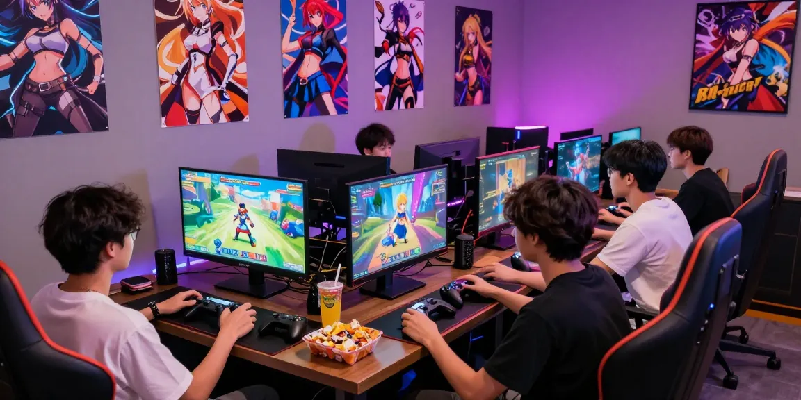 Friends enjoying hentai games in a vibrant gaming lounge with snacks and anime-themed decor.