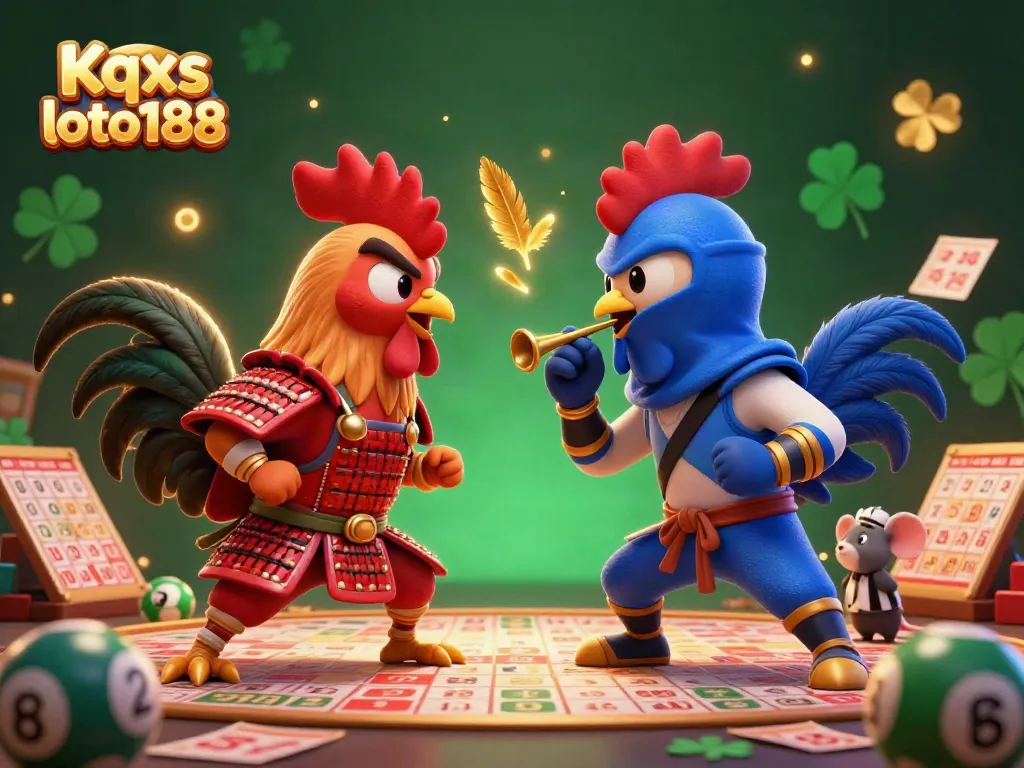 Kqxs loto188 interactive lottery scene featuring cartoon roosters and vibrant game elements