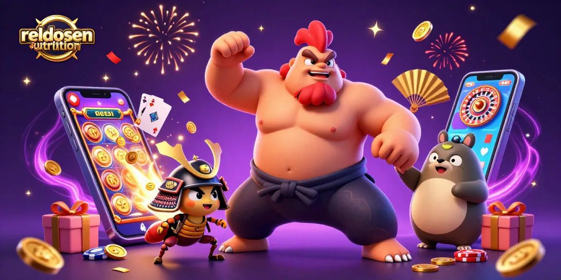 Permainan slot realdosenutrition menampilkan ayam sumo gempal dan kriket bertarung di latar belakang berwarna cerah.