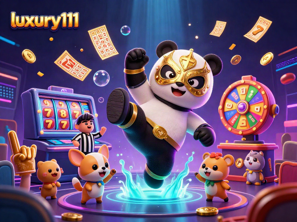 Experience the excitement of luxury111 in this dynamic 3D casino scene filled with vibrant slot reels and lively characters.