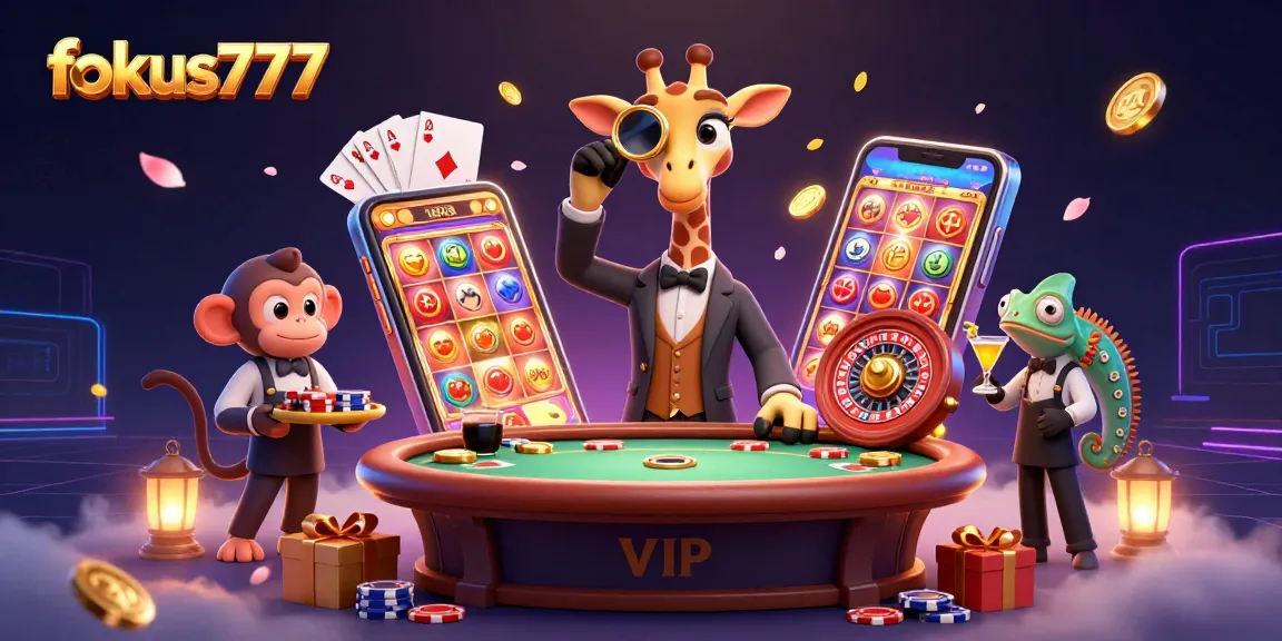 fokus777 showcases a lively online casino scene with a high-roller giraffe and a monkey valet amidst exciting gaming elements.