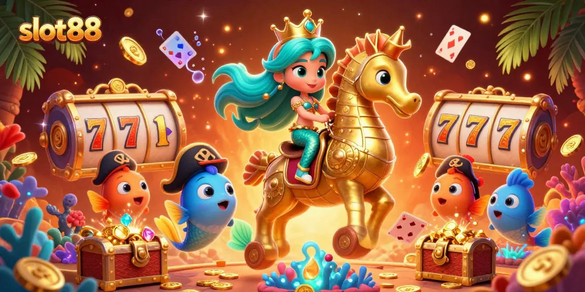 Slot88 menawarkan pengalaman bermain slot yang menarik dengan mermaid dan seahorse bertema kasino.