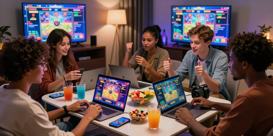 Friends enjoying a lively gaming night, exploring various bandar slot games on different devices, surrounded by snacks and excitement.