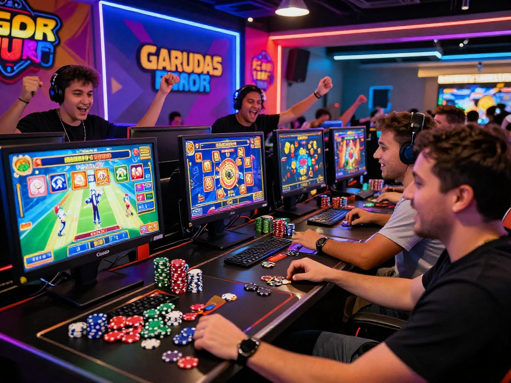 Exciting gaming atmosphere at GARUDA55, players celebrating wins, dynamic slot game screens.