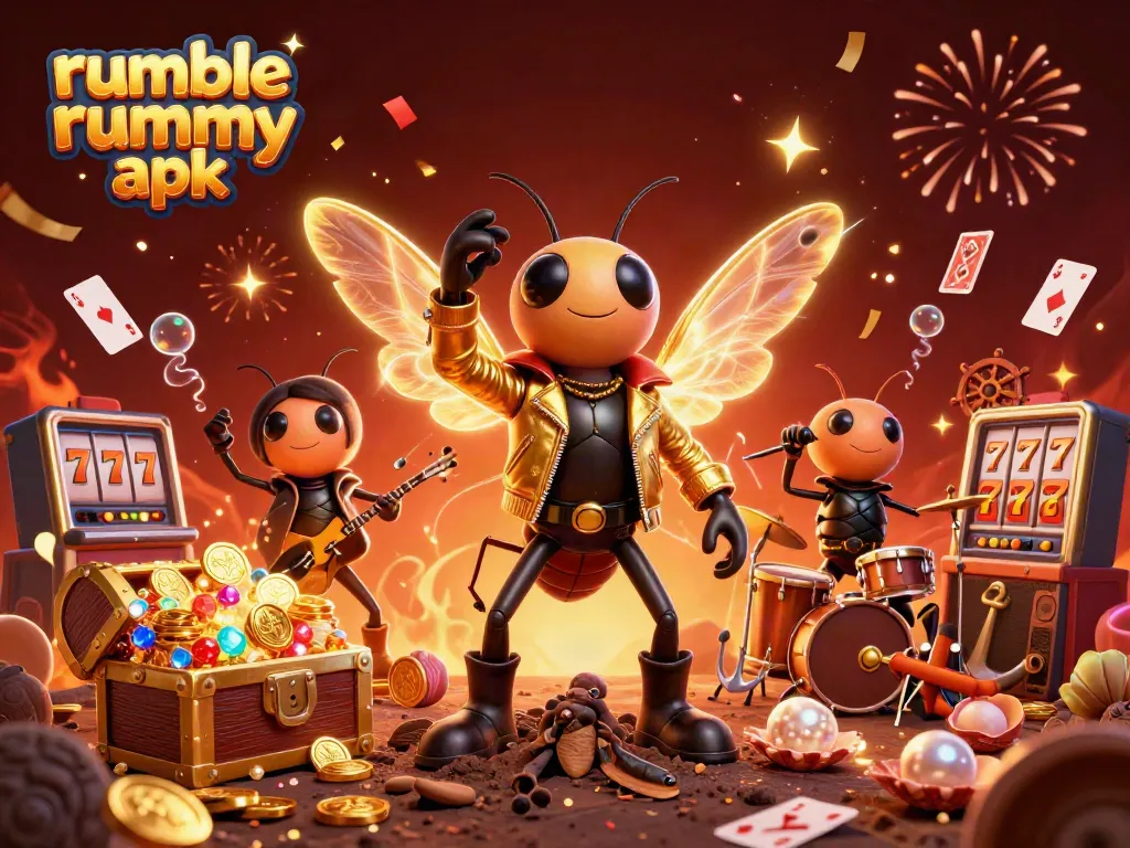 Experience the excitement of Rumble Rummy APK with this vibrant 3D casino illustration.