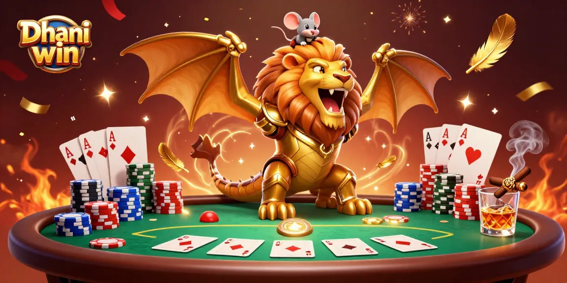 Engage with thrilling games on Dhani win, featuring an epic chimera creature and poker elements.