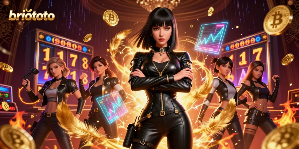 Engage with briototo as slot reels swirl with vibrant energy in this casino-themed scene.