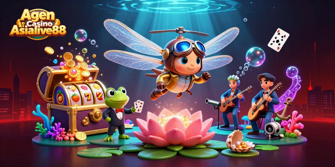 Agen Casino Asialive88 showcases vibrant gambling energy with a dragonfly pilot and frog dealer