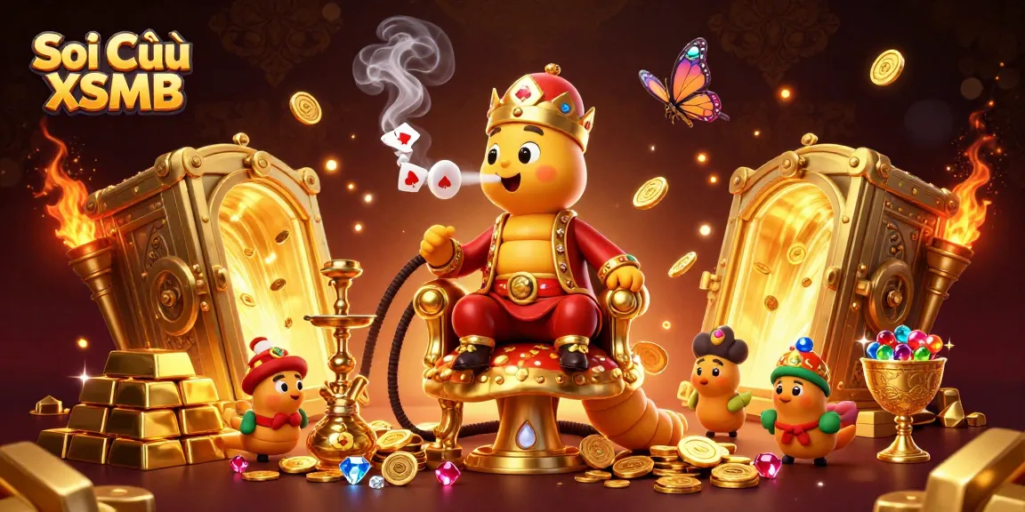 Soi Cầu XSMB reveals lucky numbers amidst a vibrant 3D casino scene with treasure and gems.