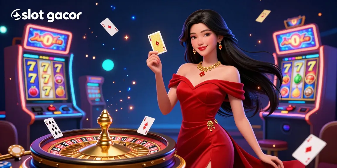 Experience slot gacor at its finest with a stunning casino scene featuring a confident Asian woman and vibrant slot elements.