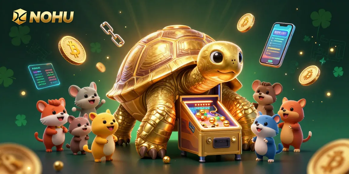 Experience the fun at NOHU with a golden tortoise pinball machine surrounded by vibrant casino elements.