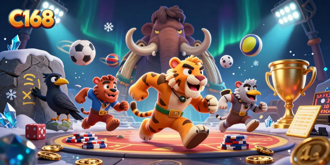 C168 showcases a lively prehistoric casino scene with cavemen and sabertooth tigers playing surrounded by dynamic sports elements.