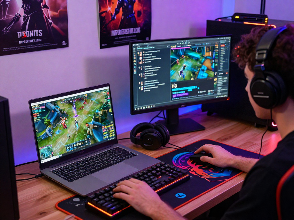 MPOCASH.blog gaming experience with player using a laptop, vibrant accessories, and engaging community.