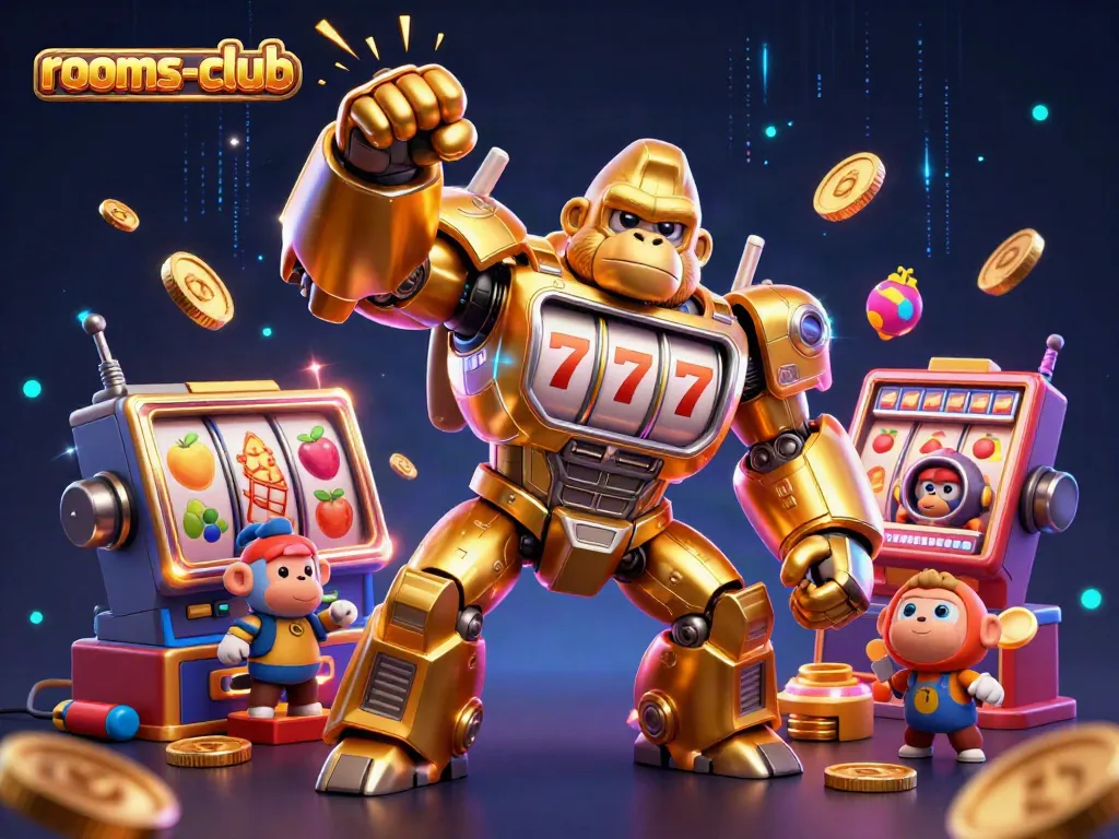 Mesin slot emas animasi dengan gorila mekanis di platform rooms-club, memukau dengan simbol buah dan jackpot.