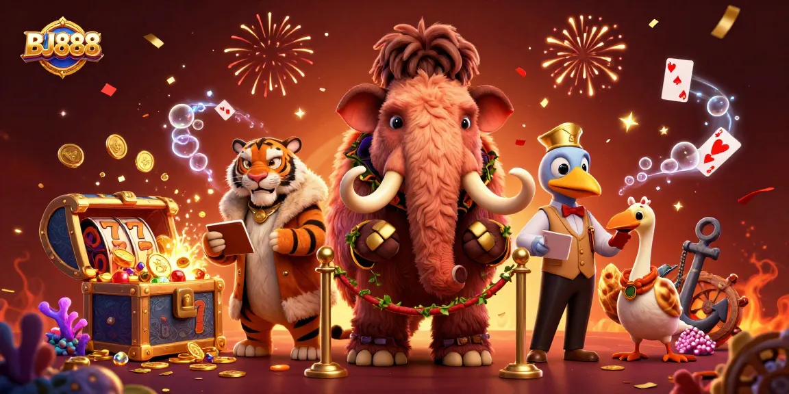 Experience the thrill of BJ888 with a vibrant casino scene featuring a bouncer, VIP guest, and slot reels.