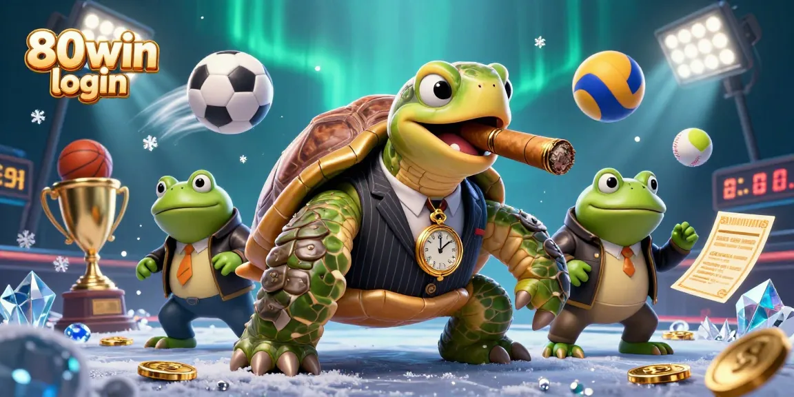 Engage in exciting gameplay with the 80win login scene featuring a cartoon turtle mobster and bullfrog enforcers.
